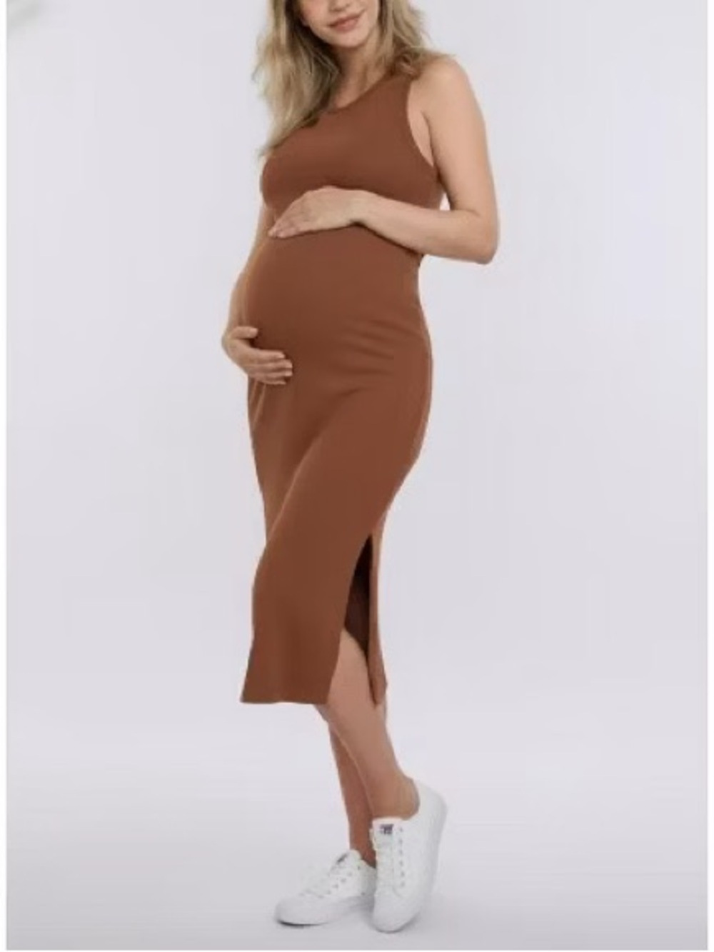 Women's Crew Neck Sleeveless
Racerback Maternity Midi Dress Mocha Mousse Small